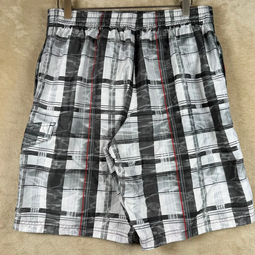 Speedo Mens Large Plaid Board Shorts‎ Black White Red Swim Trunks Mesh Lined